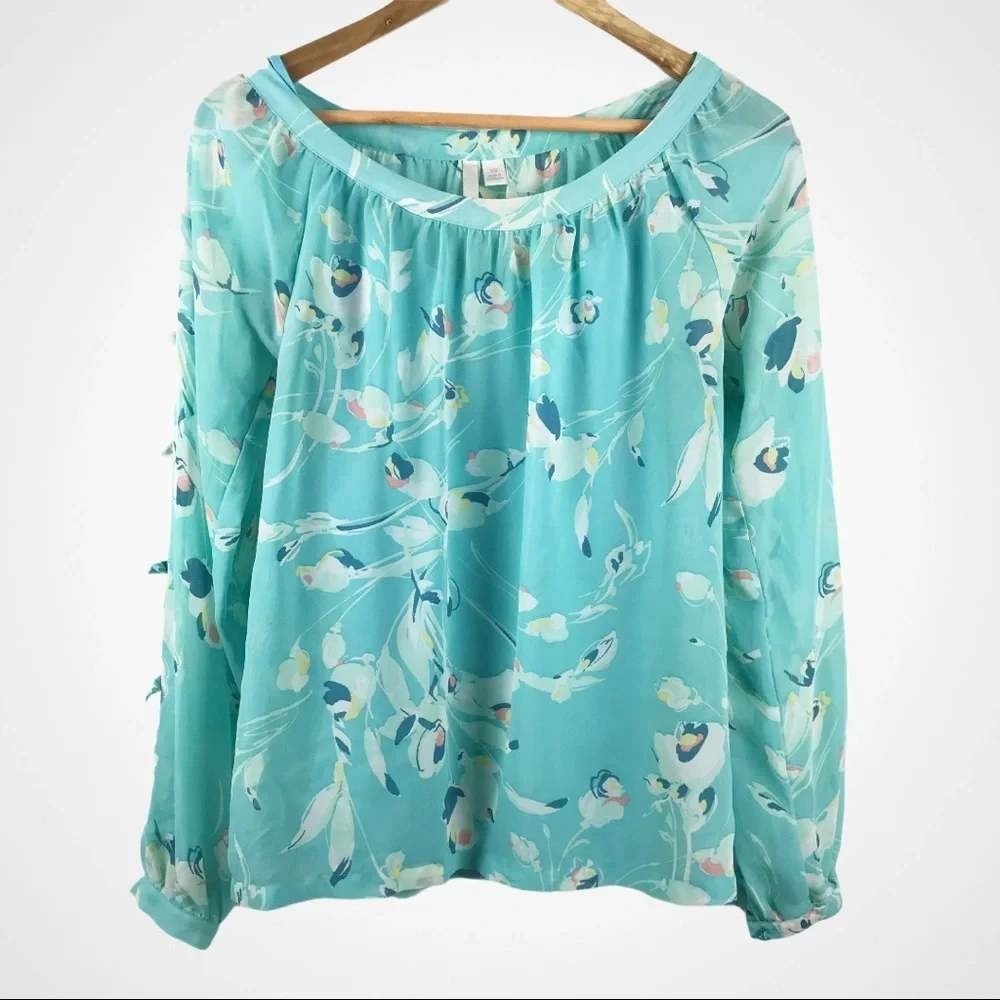 LC Lauren Conrad Floral Blouse Aqua Blue Bow Split Sleeve XS Womens Top